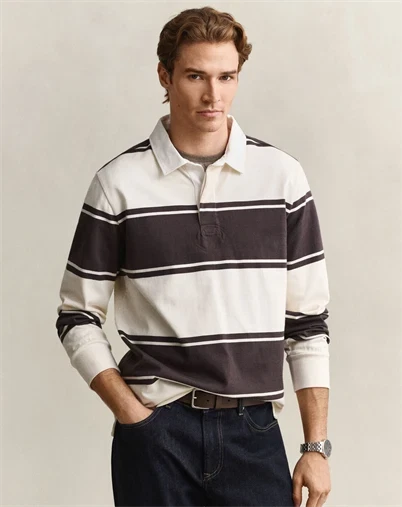 Gant - Striped Rugger Polo - Charred Wood Brown